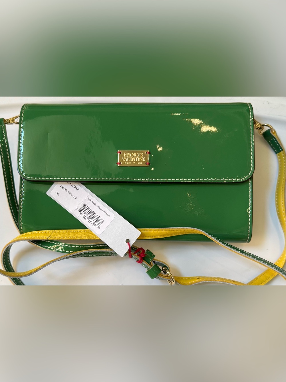 Frances Valentine Green Patent Clutch with Yellow Strap